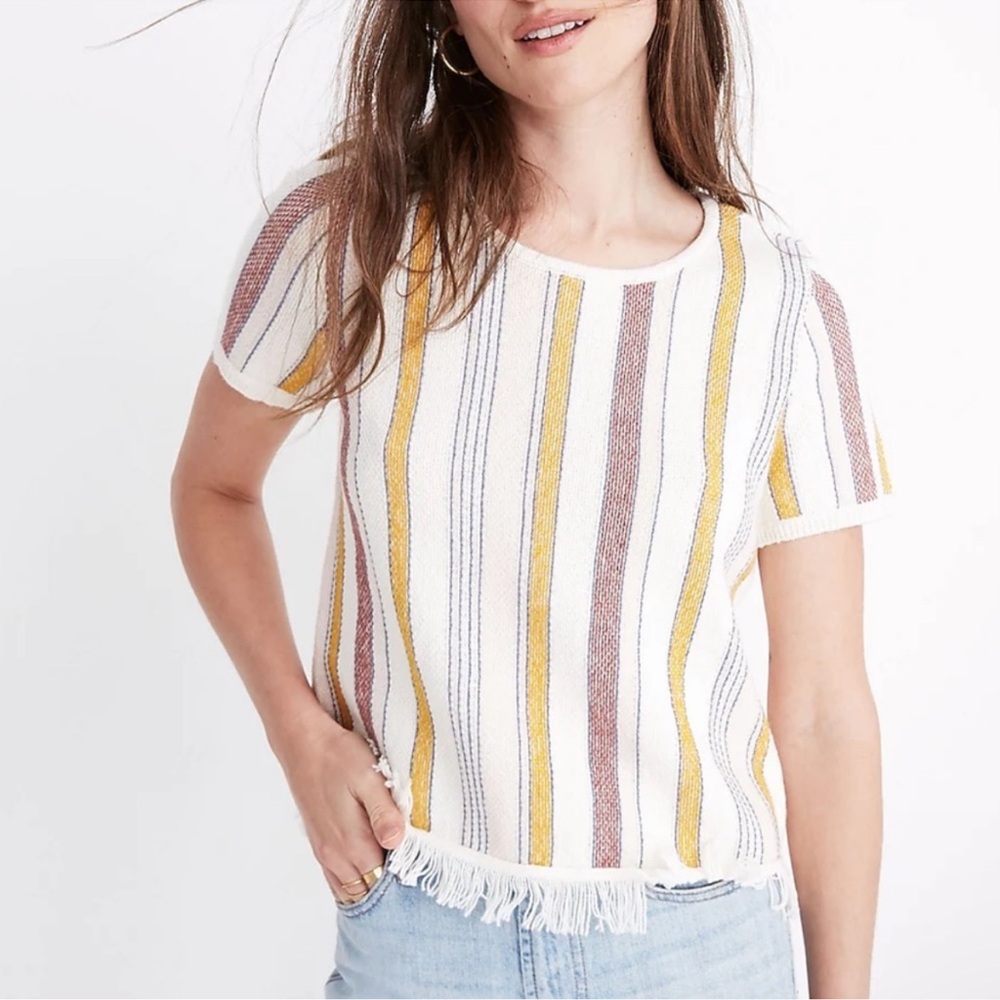 Madewell Blakley Stripe Sweater Shirt Tee Fringe Colorful Crop Short Sleeve